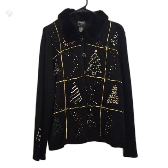 Vintage Studio Joy Holiday Sweater XL Button Front Embellished Faux Fur Collar - Picture 1 of 11